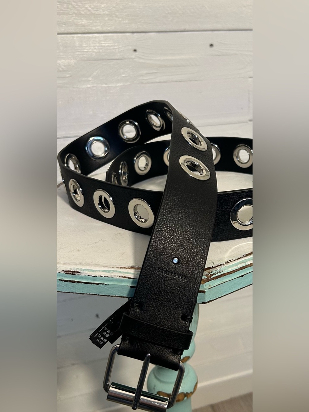 All Saints Black Leather Grommet Belt with Silver Hardware